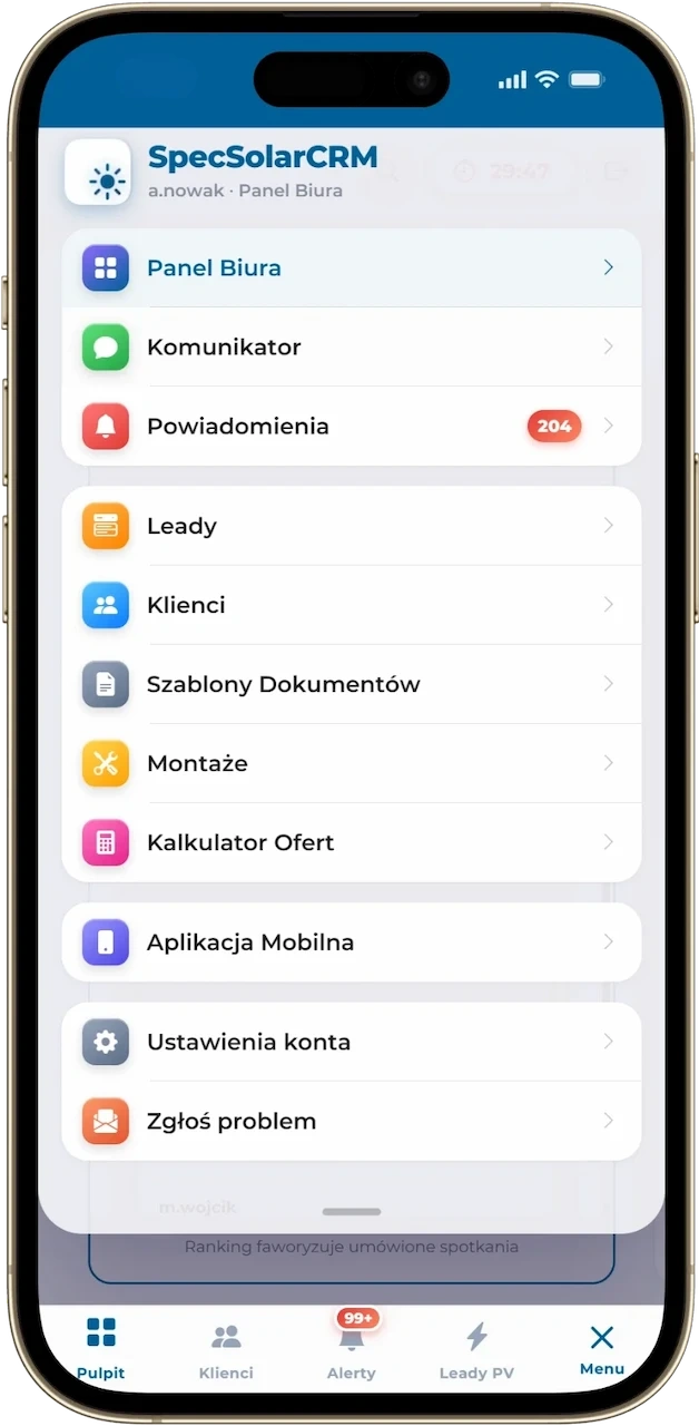 Aplikacja mobilna SpecSolarCRM w widoku roli Biuro