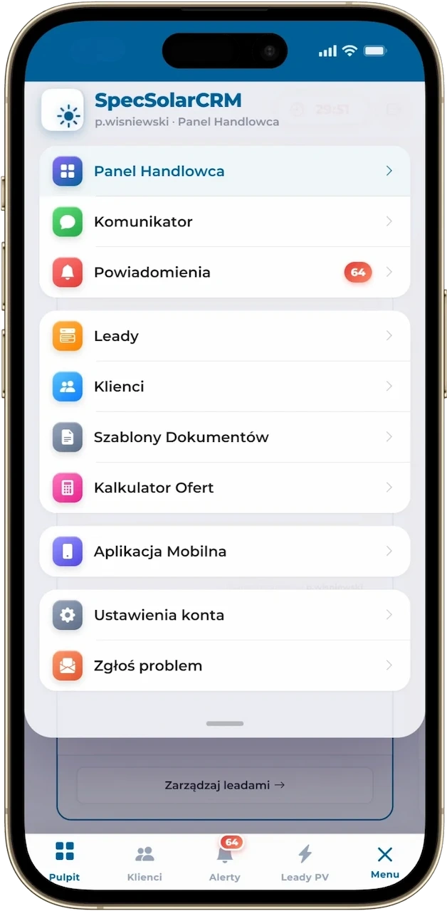 Aplikacja mobilna SpecSolarCRM w widoku roli Handlowiec