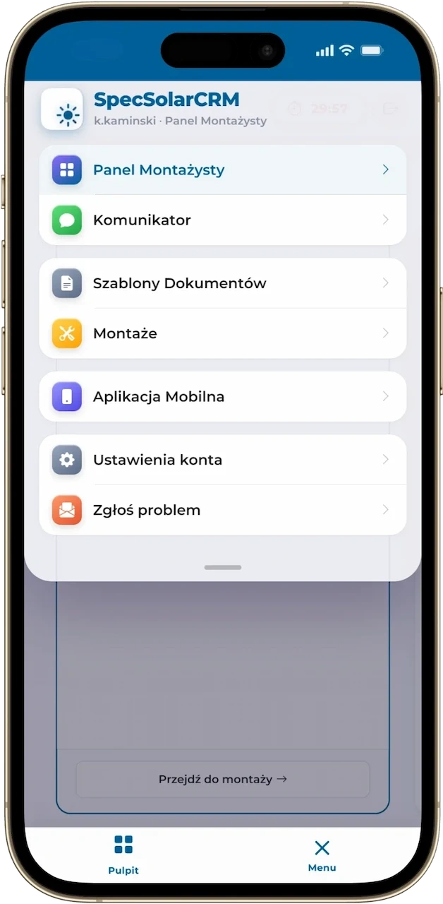 Aplikacja mobilna SpecSolarCRM w widoku roli Montażysta