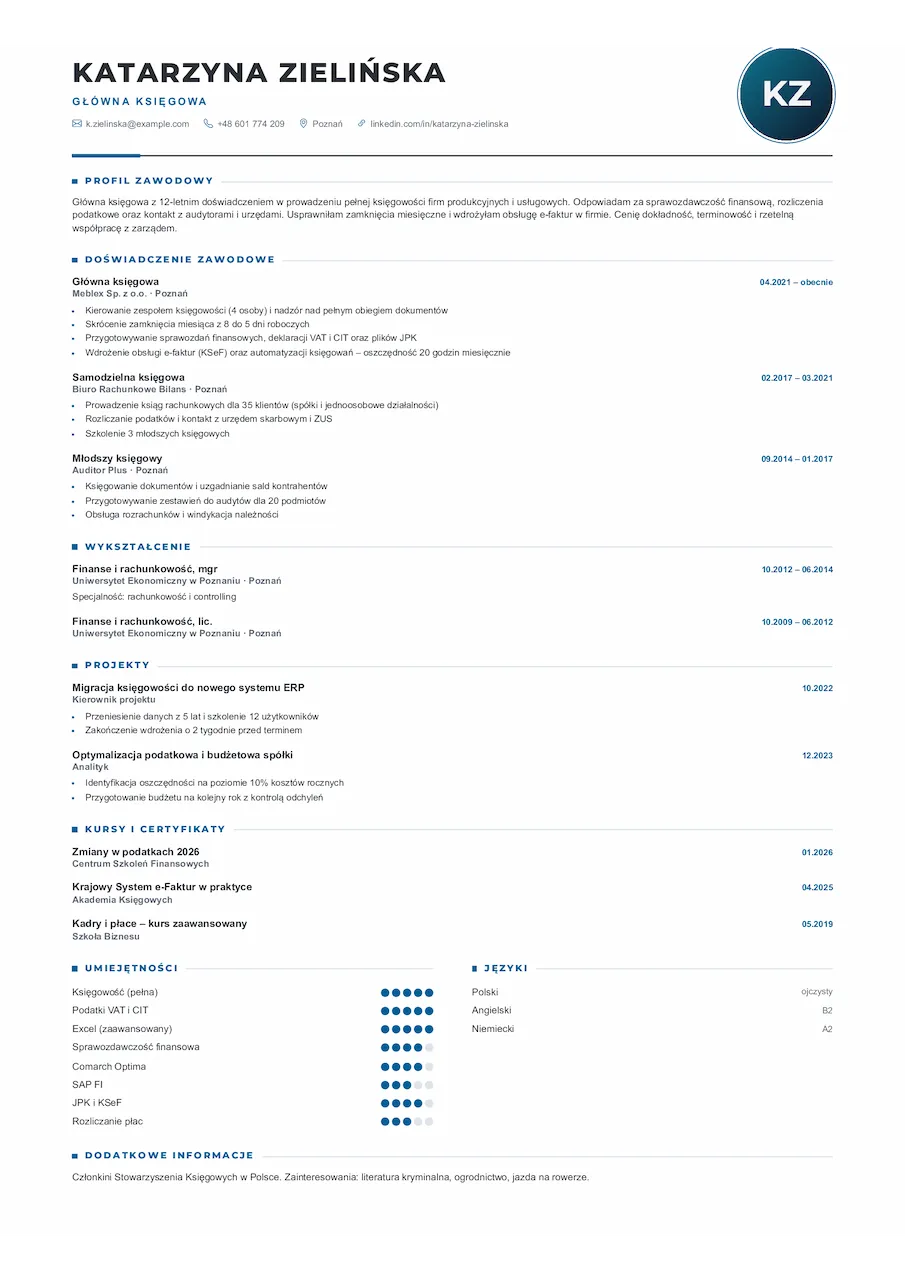 Szablon CV – motyw Biznesowy w kolorze granatowym – podgląd dokumentu A4
