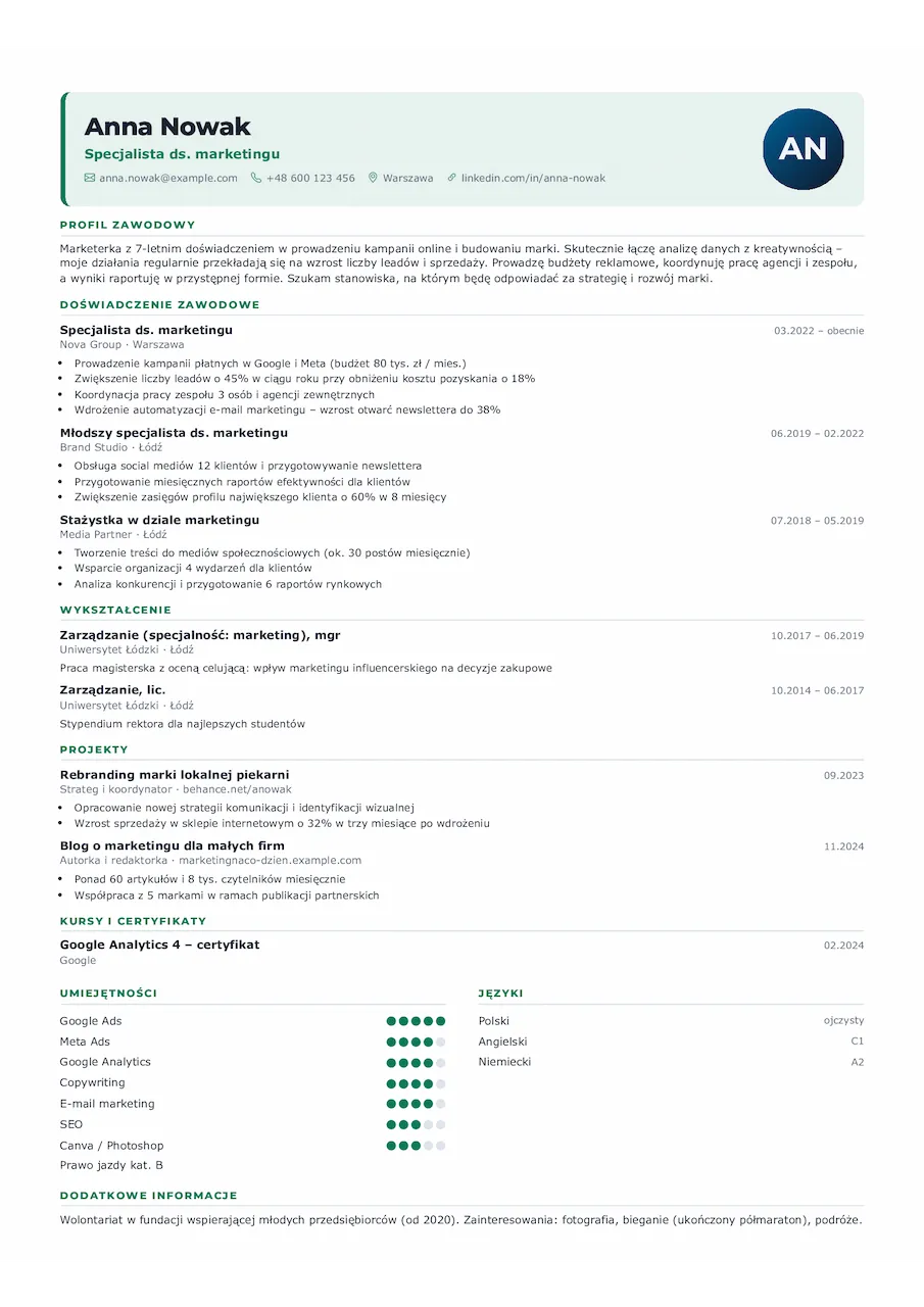 Szablon CV – motyw Kompakt w kolorze zielonym – podgląd dokumentu A4