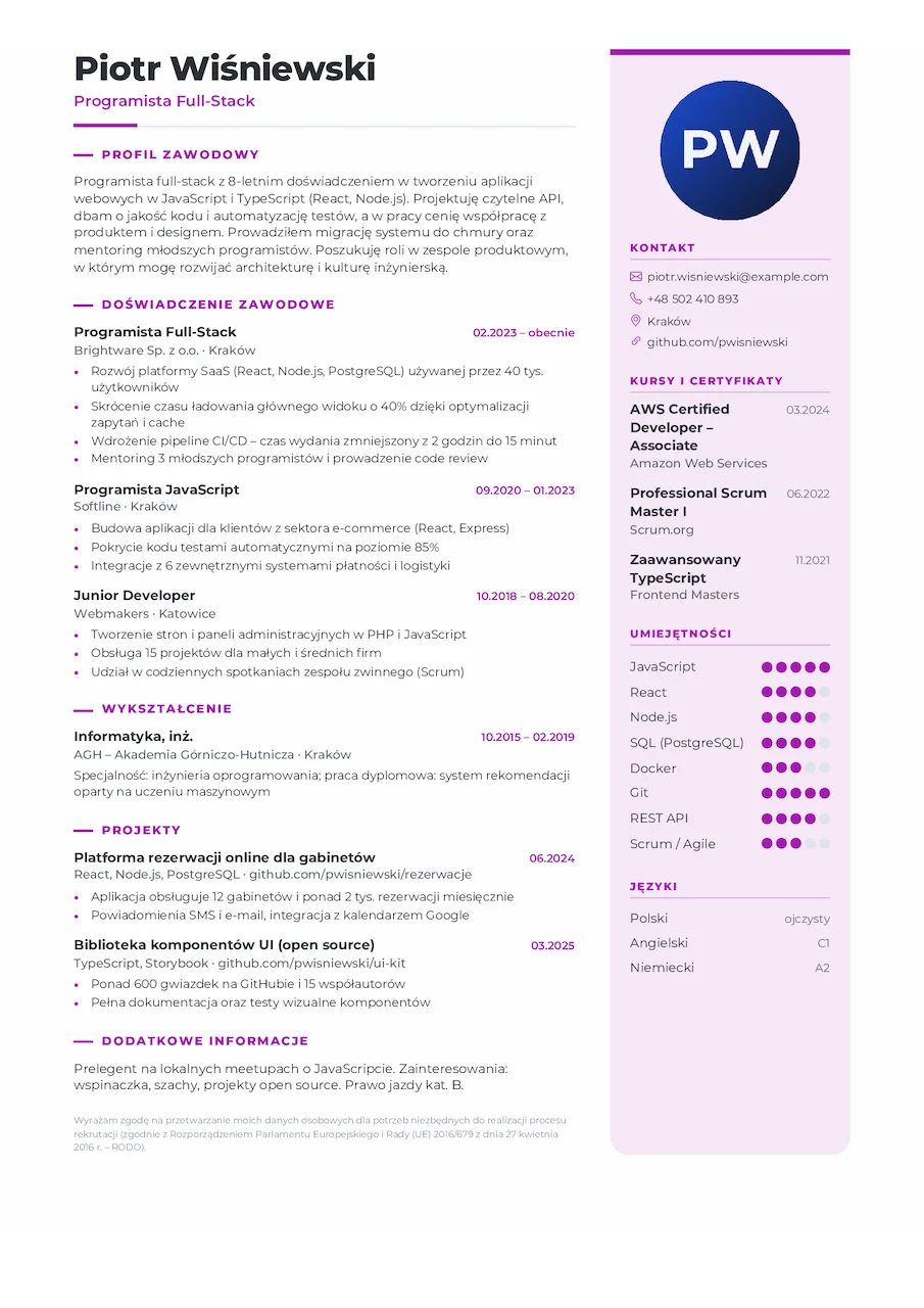 Szablon CV – motyw Panel Prawny w kolorze fioletowym – podgląd dokumentu A4