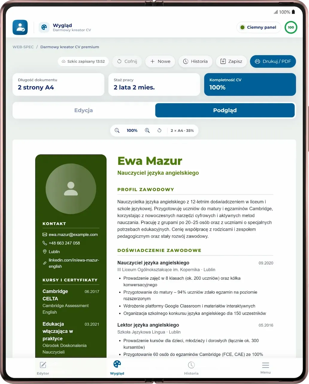 Generowanie pliku PDF z CV na tablecie