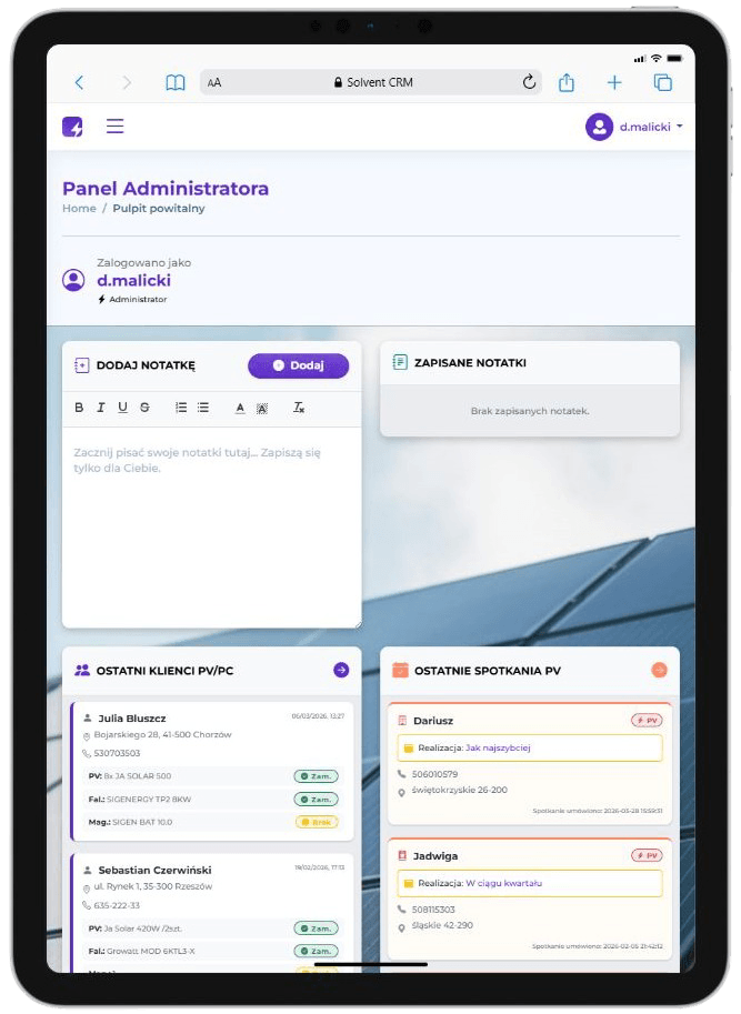 Aplikacja webowa SolventAdmin CRM w branży OZE